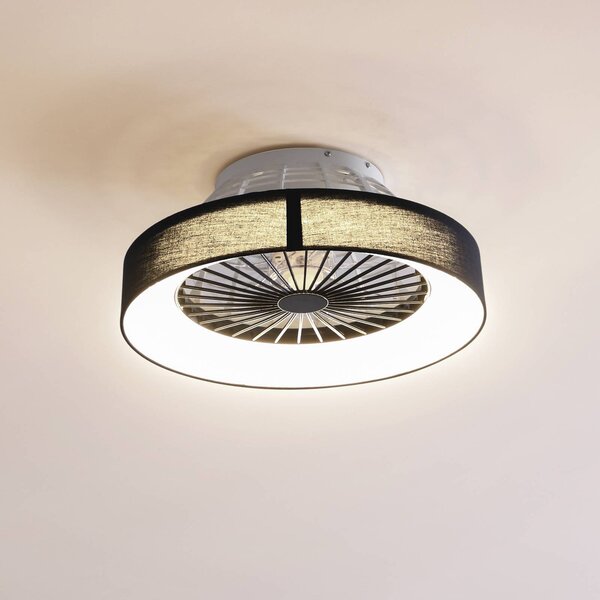Lindby LED mennyezeti ventilátor Mace, fekete, csendes, Ø 47 cm, dimmelhető, Fekete, Nappali / Étkező, Műanyag, Modern