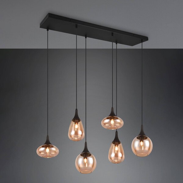 Trio Lighting Lumina függőlámpa, 6 lámpás, fekete/borostyán, üveg, dimmelhető, Fekete, Nappali / Étkező, Üveg, Modern
