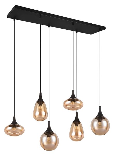 Trio Lighting Lumina függőlámpa, 6 lámpás, fekete/borostyán, üveg, dimmelhető, Fekete, Nappali / Étkező, Üveg, Modern