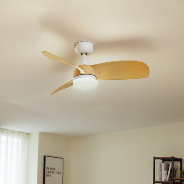 Lindby LED mennyezeti ventilátor Enon, fehér/faszínű, DC, csendes, dimmelhető, Fehér / opál, Nappali / Étkező, fém, Modern