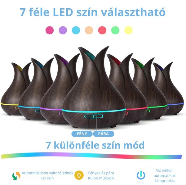 Váza Formájú Ultrahangos Aromaterápiás Diffúzor és Pulaiyi 4 Részes Illóolaj Szett - Sötét Fa