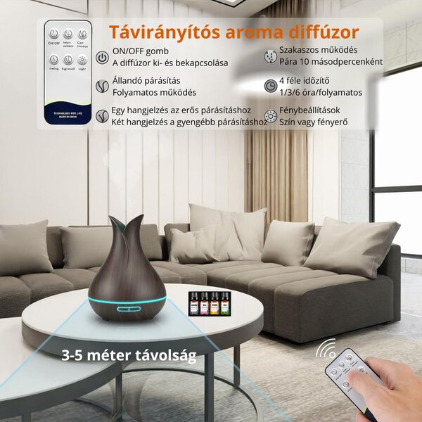 Váza Formájú Ultrahangos Aromaterápiás Diffúzor és Pulaiyi 4 Részes Illóolaj Szett - Sötét Fa