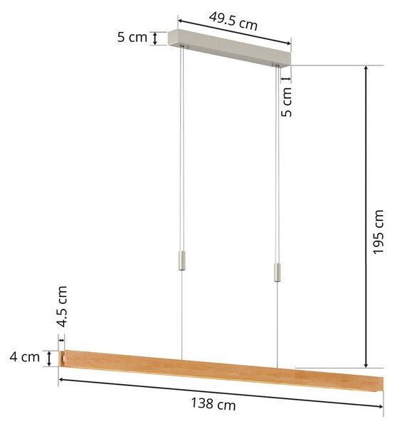 Quitani LED-es függőlámpa Alin, 138 cm hosszú, natúr tölgyfa, dimmelhető, Világos fa, Nappali / Étkező, Fa, Modern