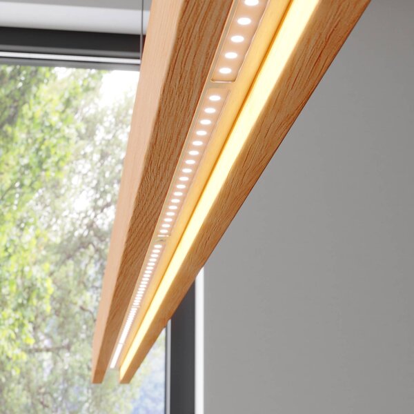 Quitani LED-es függőlámpa Alin, 138 cm hosszú, natúr tölgyfa, dimmelhető, Világos fa, Nappali / Étkező, Fa, Modern
