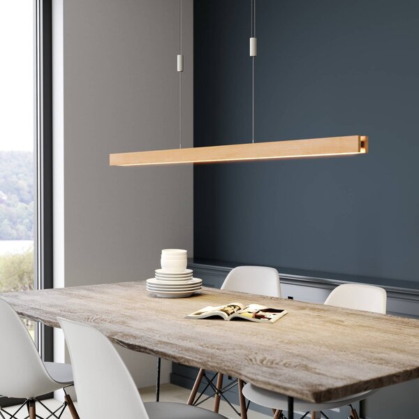 Quitani LED-es függőlámpa Alin, 138 cm hosszú, natúr tölgyfa, dimmelhető, Világos fa, Nappali / Étkező, Fa, Modern