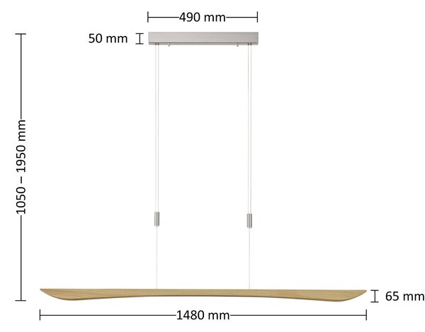 Quitani Hiba LED-es függőlámpa, natúr tölgyfa, hossza 148 cm, dimmelhető, Világos fa, Nappali / Étkező, Fa, Modern