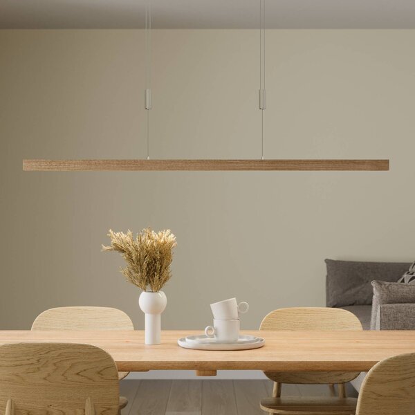 Quitani LED függő lámpa Nora, természetes tölgy, hossza 118 cm, dimmelhető, Világos fa, Nappali / Étkező, Fa, Modern