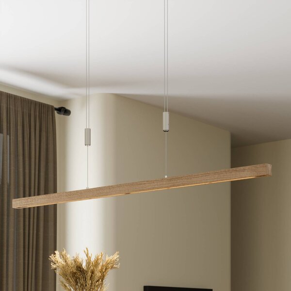 Quitani LED függő lámpa Nora, természetes tölgy, hossza 118 cm, dimmelhető, Világos fa, Nappali / Étkező, Fa, Modern