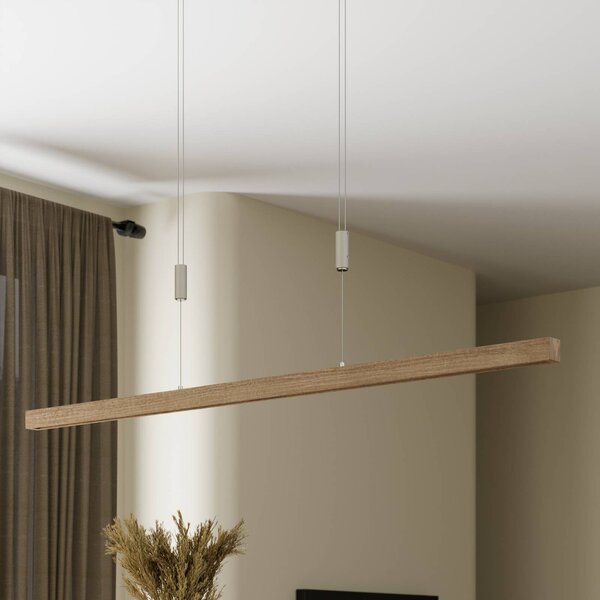 Quitani LED függő lámpa Nora, természetes tölgy, hossza 118 cm, dimmelhető, Világos fa, Nappali / Étkező, Fa, Modern