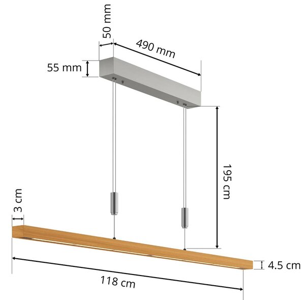 Quitani LED függő lámpa Nora, természetes tölgy, hossza 118 cm, dimmelhető, Világos fa, Nappali / Étkező, Fa, Modern