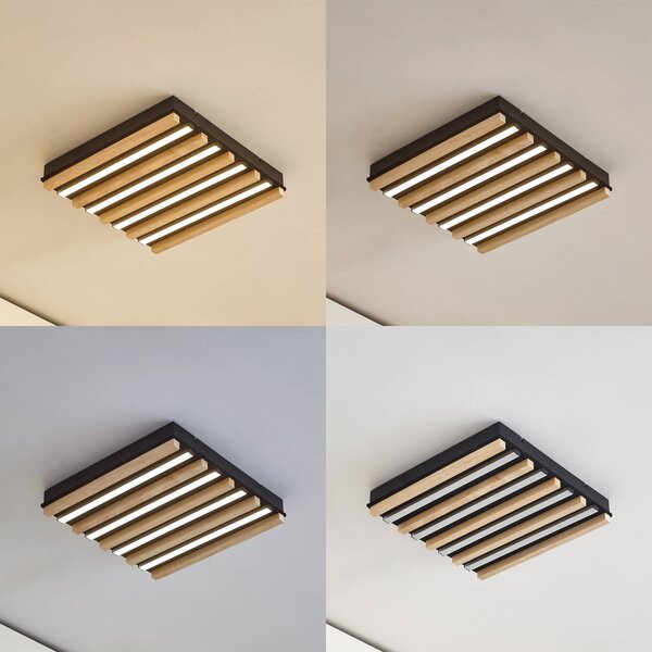 Lindby LED mennyezeti világítás Firka, fehér, fa, 42 cm, CCT, dimmelhető., dimmelhető, Világos fa, Nappali / Étkező, Fa, Modern