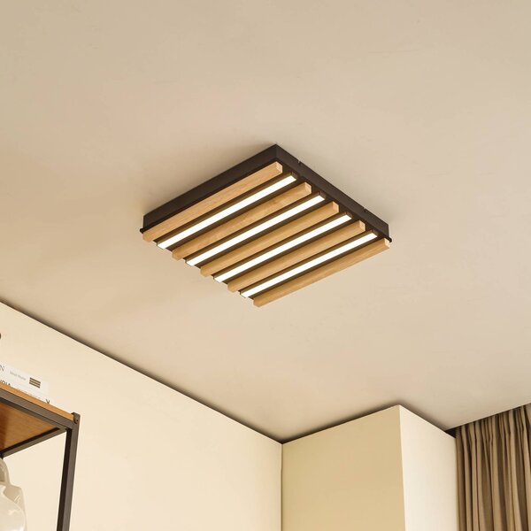 Lindby LED mennyezeti világítás Firka, fehér, fa, 42 cm, CCT, dimmelhető., dimmelhető, Világos fa, Nappali / Étkező, Fa, Modern
