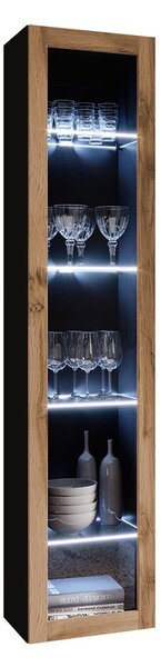 Vitrin 180 üveg Zylia (fekete + wotan tölgy) (fehér LED világítás)
