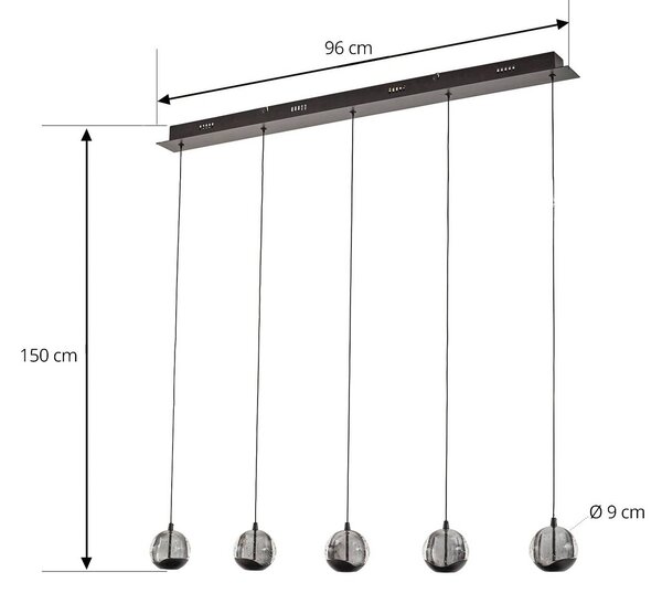 Lucande LED függő lámpa Hayley, fekete, 5 izzós, hosszúkás, Tiszta / átlátszó, Nappali / Étkező, Üveg, Modern