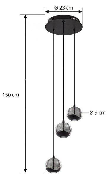 Lucande Hayley LED függő lámpa, fekete, 3 izzós, üveg, Tiszta / átlátszó, Nappali / Étkező, Üveg, Modern