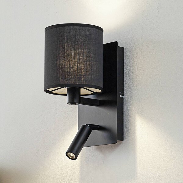 Lindby Aiden fali világítás, 30 cm, fekete, LED olvasólámpa, E14, dimmelhető, Fekete, Nappali / Étkező, Textil / szövet / selyem, Modern