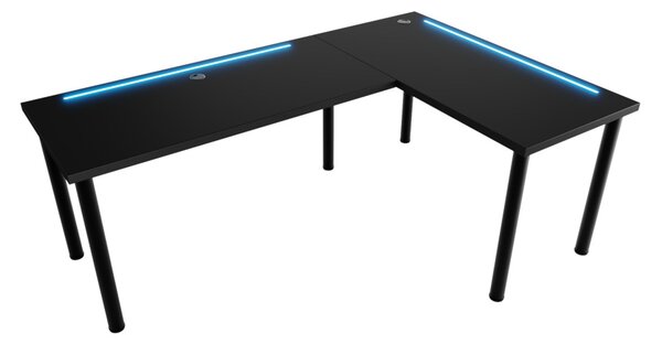 N sarok számítógépasztal LED, 160/110x73-76x50, fekete, jobb
