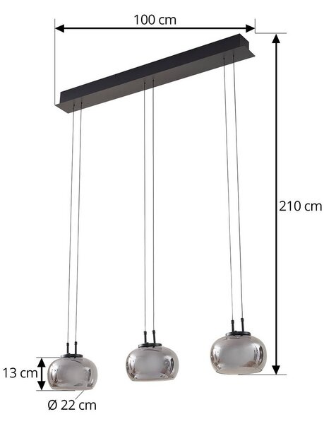 Lucande LED-es függőlámpa Dain, 3-lámpás, füstszürke, üveg, Alu / szürke / cink, Nappali / Étkező, Üveg, Modern