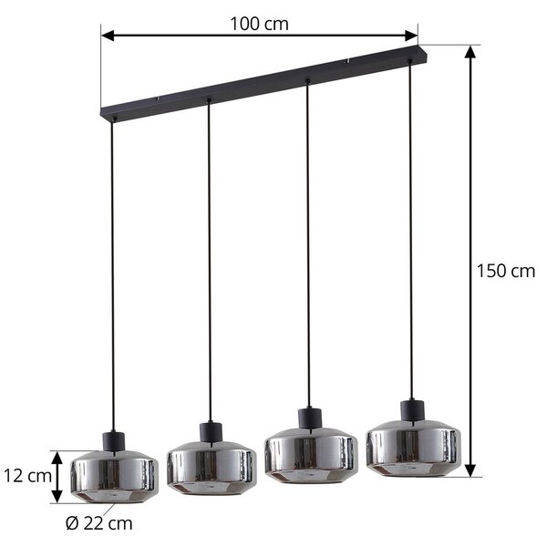 Lindby függőlámpa Hildur, 4 lámpás, 115 cm, füstszürke, üveg, dimmelhető, Alu / szürke / cink, Nappali / Étkező, Üveg