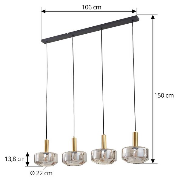 Lindby függőlámpa Hildur, 4 lámpás, 118 cm, füstszürke, üveg, dimmelhető, Alu / szürke / cink, Nappali / Étkező, Üveg