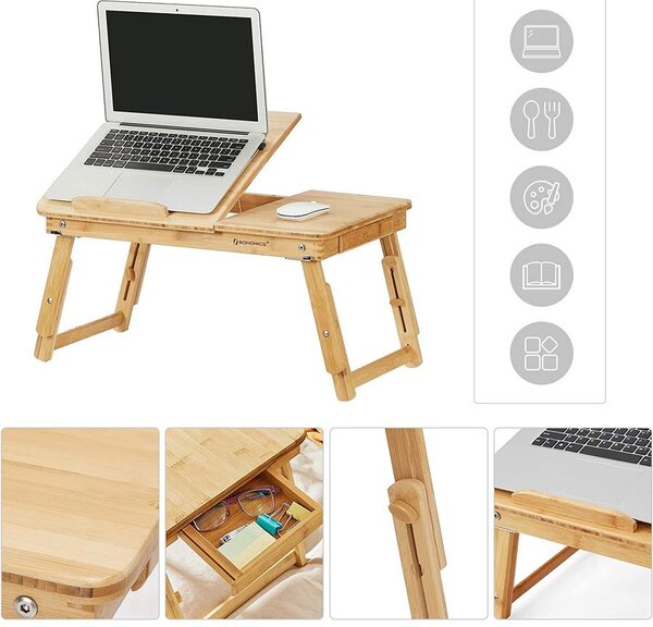 Laptop asztal, bambusz reggelizőtálca 5 állítható dőlésszöggel