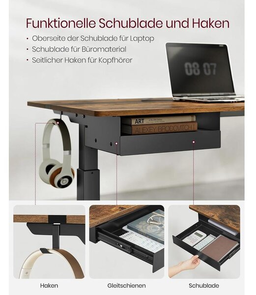 Állítható magasságú elektromos íróasztal konnektorral és fiókkal, 140 x 60 cm barna-fekete