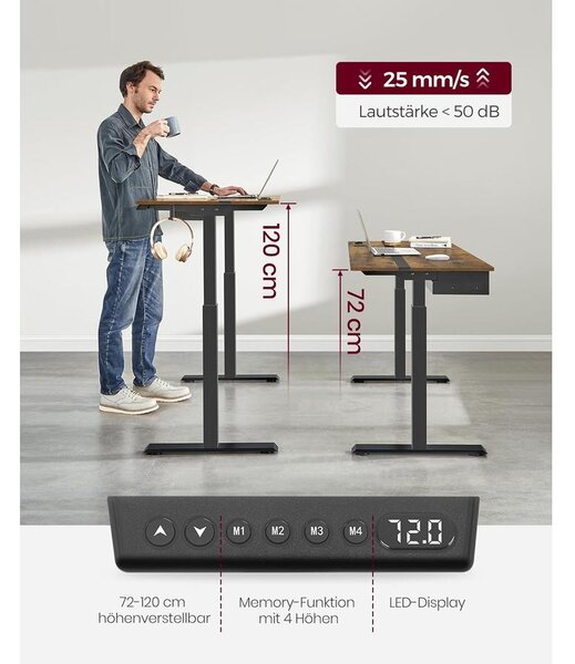 Állítható magasságú elektromos íróasztal konnektorral és fiókkal, 140 x 60 cm barna-fekete