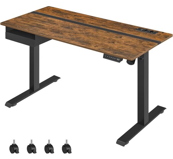 Állítható magasságú elektromos íróasztal konnektorral és fiókkal, 140 x 60 cm barna-fekete
