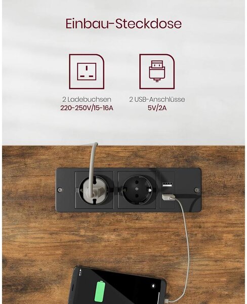 Állítható magasságú elektromos íróasztal konnektorral és fiókkal, 140 x 60 cm barna-fekete