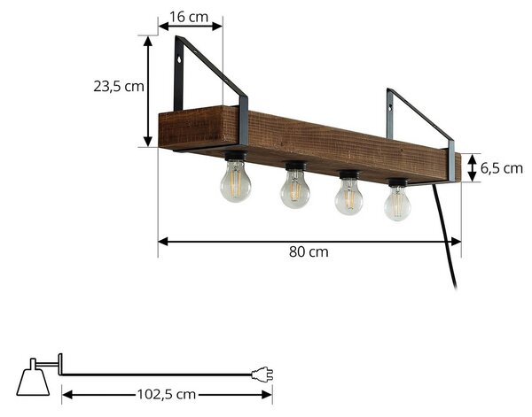 Lindby Vatana fali lámpa, fa, dugó, USB csatlakozó, 80 cm, dimmelhető, Sötét fa, Nappali / Étkező, Fa, Vidéki otthon / Rusztikus