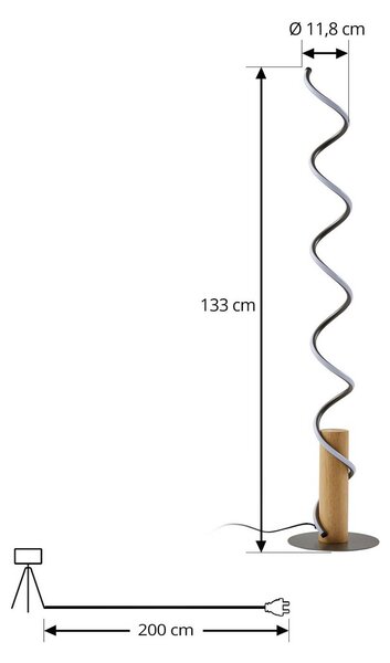 Lindby LED állólámpa Spiraali, szürke, fa, magasság 133 cm, Alu / szürke / cink, Nappali / Étkező, Alumínium, Vidéki otthon / Rusztikus