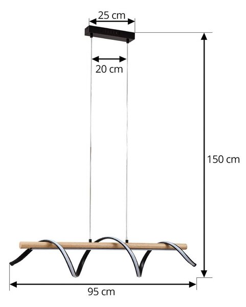 Lindby LED-es függőlámpa Spiraali, fekete, fa, hossza 95 cm, Fekete, Nappali / Étkező, Alumínium, Vidéki otthon / Rusztikus