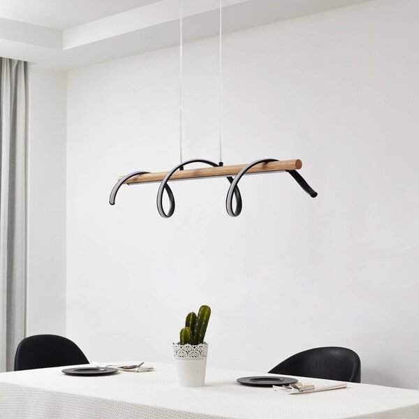 Lindby LED-es függőlámpa Spiraali, fekete, fa, hossza 95 cm, Fekete, Nappali / Étkező, Alumínium, Vidéki otthon / Rusztikus