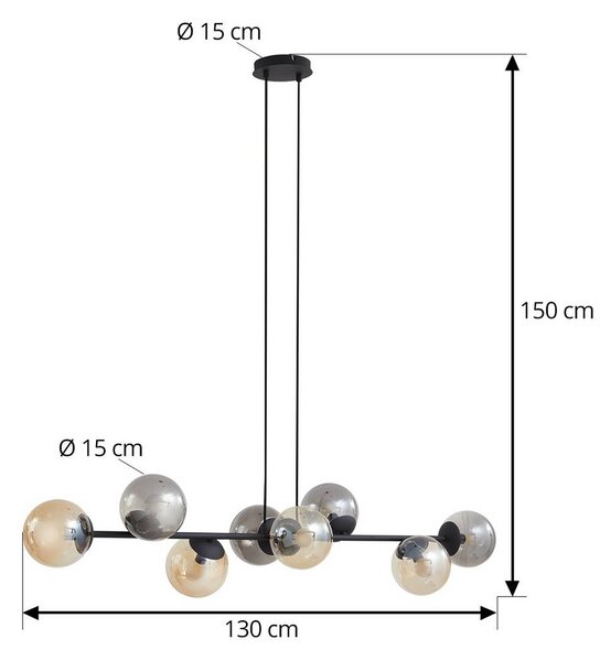 Lindby függőlámpa Isamer, füstszürke/borostyán, 130 cm, gömb alakú, dimmelhető, Fekete, Nappali / Étkező, fém, Modern