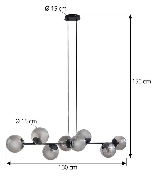 Lindby függőlámpa Isamer, füstszürke, 130 cm, gömb alakú, dimmelhető, Fekete, Nappali / Étkező, fém, Modern
