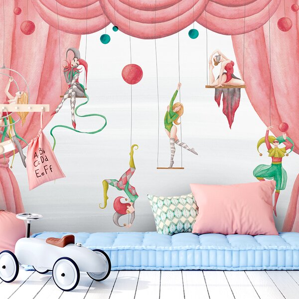 Gario Fotótapéta Cirkuszi akrobaták és egy rózsaszín függöny Anyag: Vlies, Méret: 200 x 140 cm