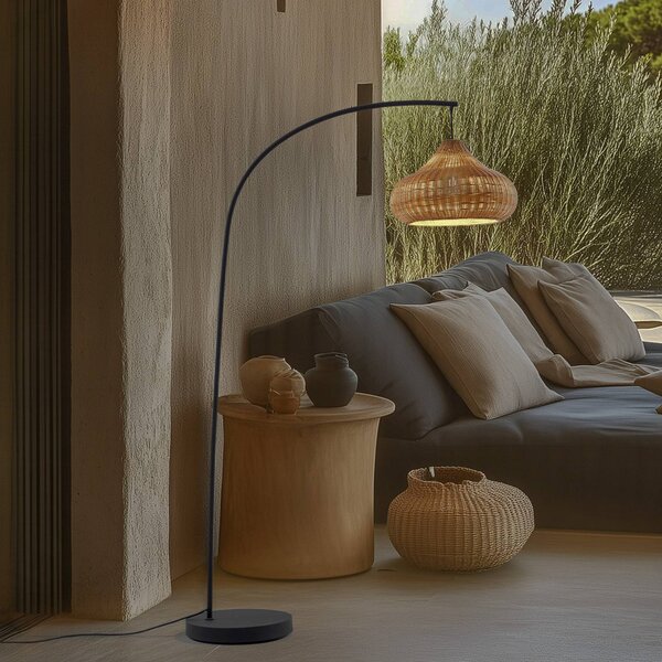 Lucande kültéri állólámpa Taniola, bézs, rattan, 195cm, IP44, Világos fa, Fa, Vidéki otthon / Rusztikus