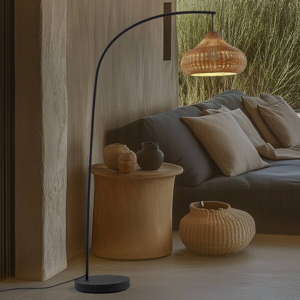 Lucande kültéri állólámpa Taniola, bézs, rattan, 195cm, IP44, Világos fa, Fa, Vidéki otthon / Rusztikus
