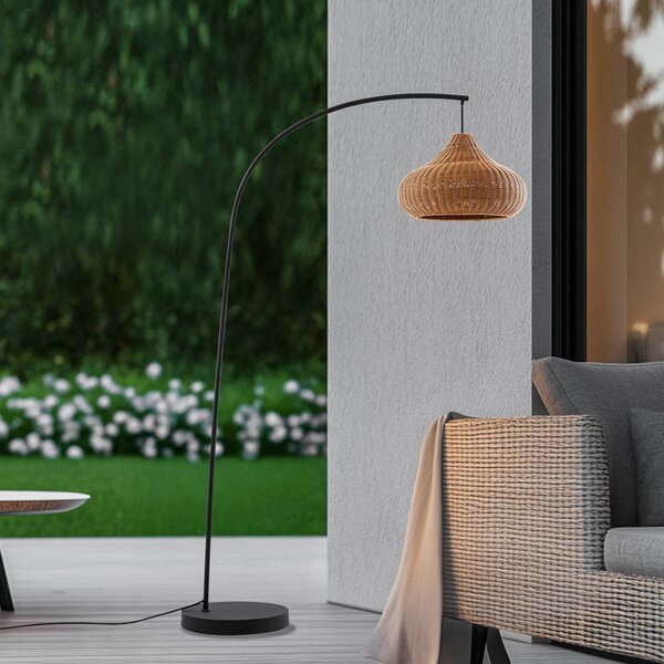 Lucande kültéri állólámpa Taniola, bézs, rattan, 195cm, IP44, Világos fa, Fa, Vidéki otthon / Rusztikus
