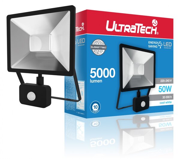 UltraTech LED reflektor mozg.é-vel, 50W, 4000K, 5000lm, fekete 110°, IP44, 30000 óra, direkt be
