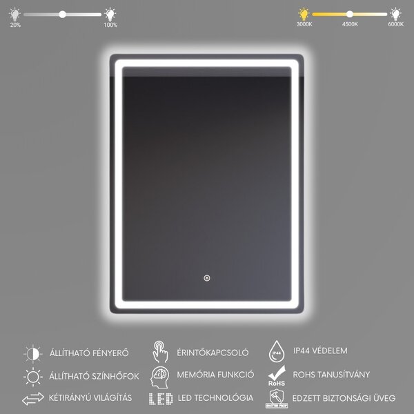 Fürdőszobai LED tükör 50x70cm | Fényerő és színhőmérséklet szabályozás | Welland Type20V