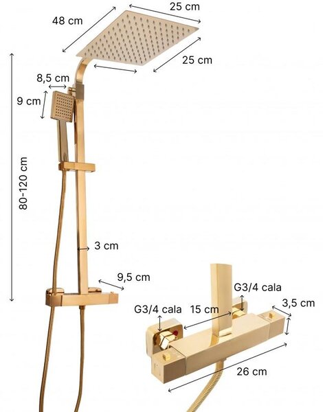 Erga Goba, zuhanygarnitúra termosztatikus csapteleppel és esőfejjel 25x25 cm, fényes arany, ERG-YKA-BP.GOBA-THERM-25-GLD
