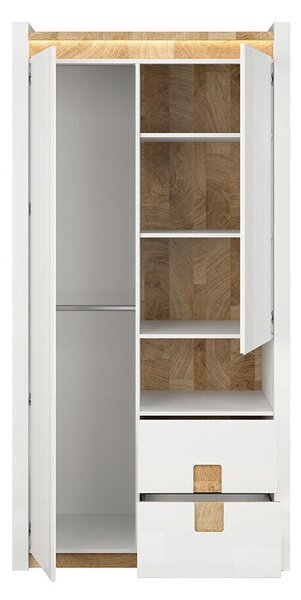 Gardróbszekrény Cirevai 106, Laminált forgácslap, 201x102x60cm, Westminsteri tölgy, Fényes fehér