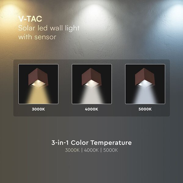 V-TAC 9W COB LED szolár fali Corten lámpa, szenzorral, CCT, Type-C csatlakozóval - SKU 23824-1