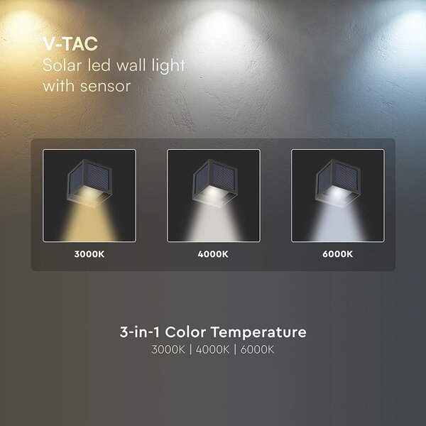 V-TAC 9W COB LED szolár fali fekete lámpa, szenzorral, állítható színhőmérséklettel - SKU 24293