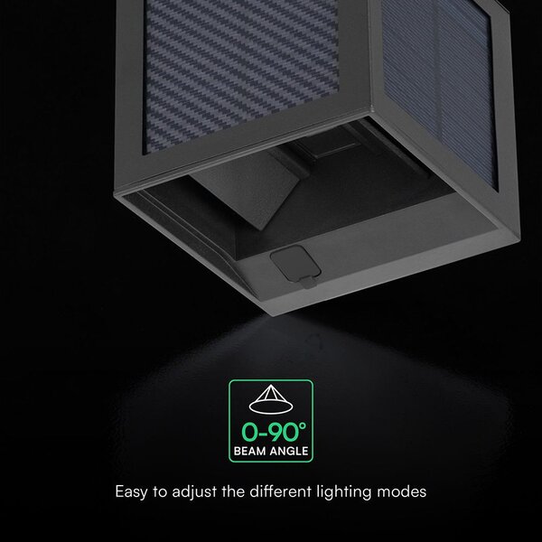 V-TAC 9W COB LED szolár fali fekete lámpa, szenzorral, állítható színhőmérséklettel - SKU 24293