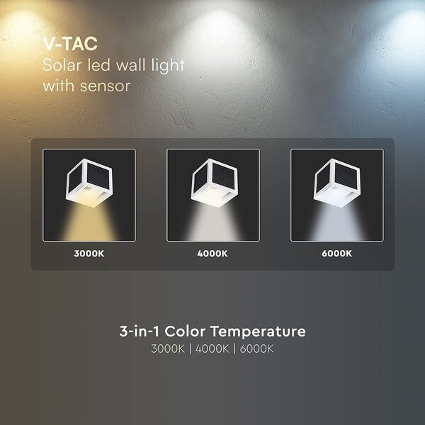 V-TAC 9W COB LED szolár fali fehér lámpa, szenzorral, állítható színhőmérséklettel - SKU 24295
