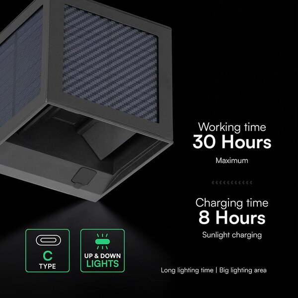 V-TAC 9W COB LED szolár fali fekete lámpa, szenzorral, állítható színhőmérséklettel - SKU 24293
