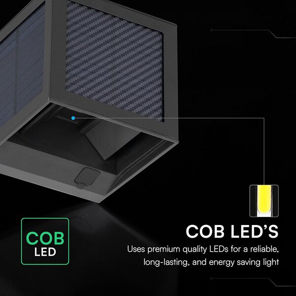 V-TAC 9W COB LED szolár fali fekete lámpa, szenzorral, állítható színhőmérséklettel - SKU 24293