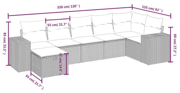 VidaXL Polyrattan Kerti Ülőgarnitúra - 7 részes - Szürke
